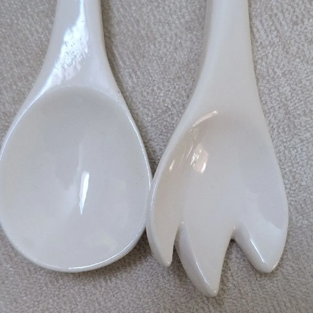 Green and White Ceramic Cabbage Handle Salad Servers